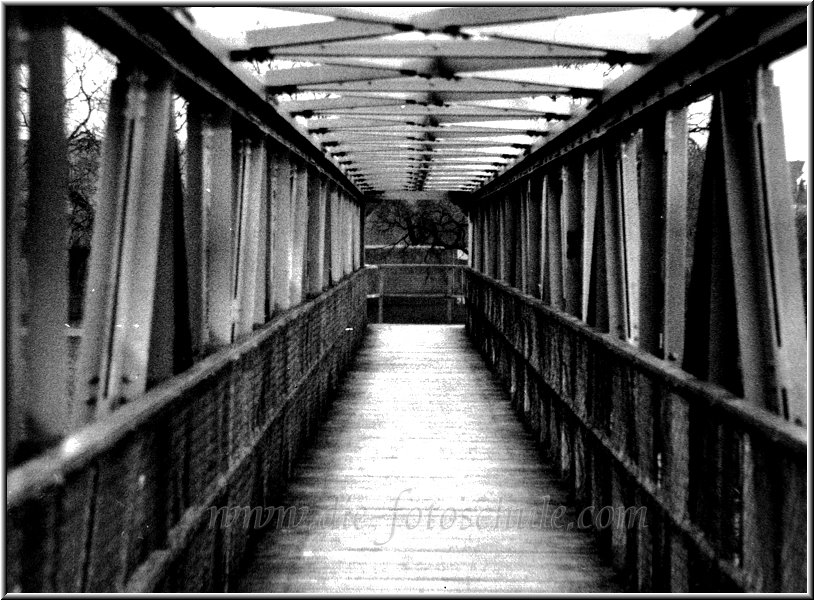 Bruecke mit Gelaender Ruhr Wandhofen sw.jpg - Eine alte Fußgängerbrücke über die Ruhr bei Schwerte-Ergste in den Ruhrwiesen